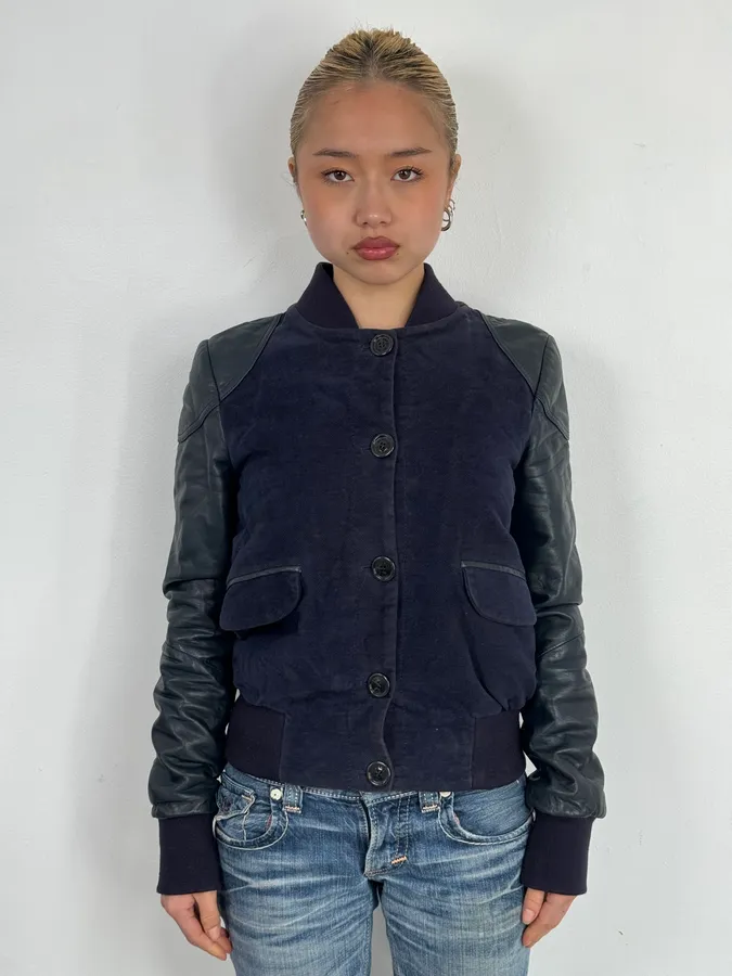 AW2011 Gianfranco Ferré Navy Suede & Black Leather Bomber Jacket - Image 2