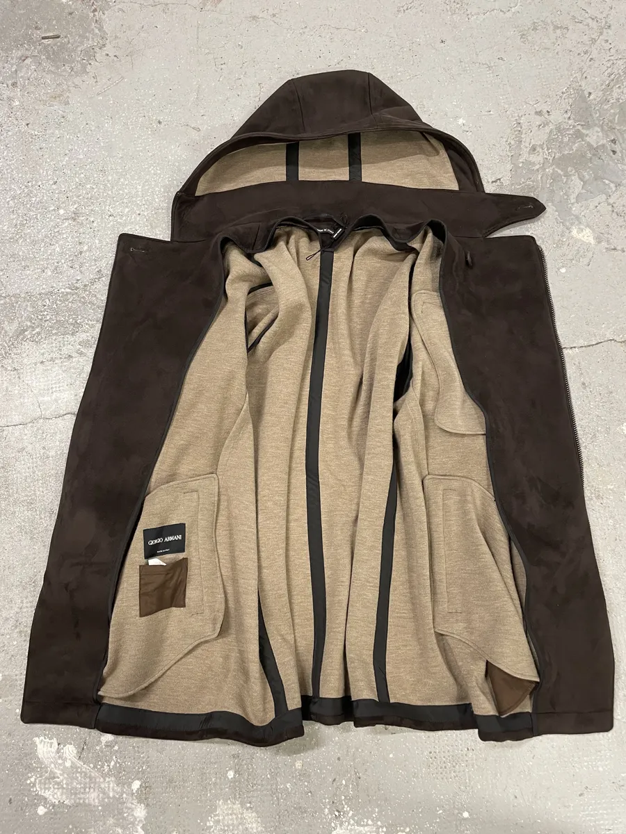 AW2011 Giorgio Armani Asymmetrical Zip Brown Hooded Suede Leather Coat - Image 11