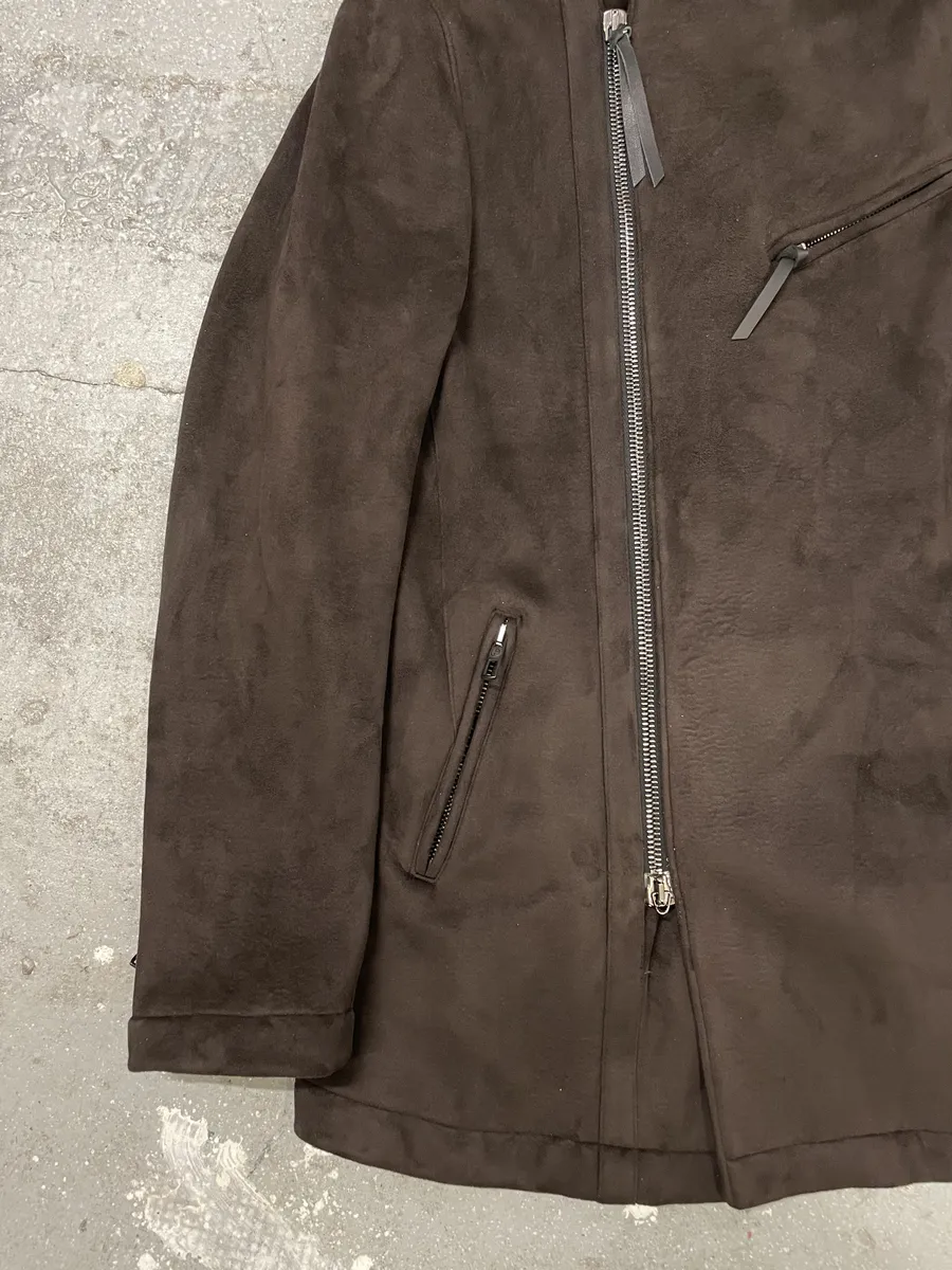 AW2011 Giorgio Armani Asymmetrical Zip Brown Hooded Suede Leather Coat - Image 8