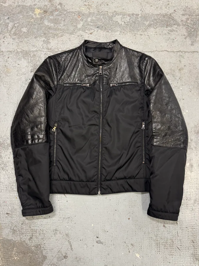 AW2011 Prada Black Biker Nylon & Leather Hybrid Bomber Jacket