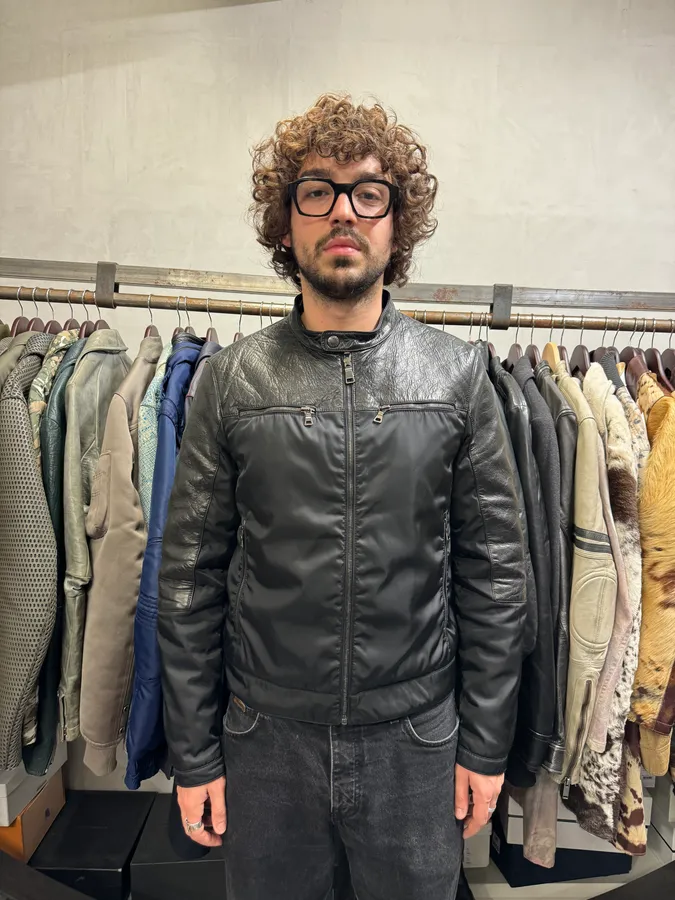 AW2011 Prada Black Biker Nylon & Leather Hybrid Bomber Jacket - Image 2