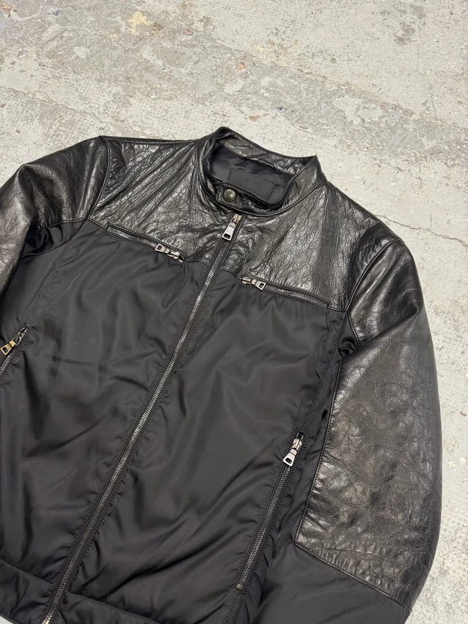 AW2011 Prada Black Biker Nylon & Leather Hybrid Bomber Jacket - Image 5