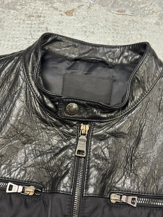 AW2011 Prada Black Biker Nylon & Leather Hybrid Bomber Jacket - Image 6