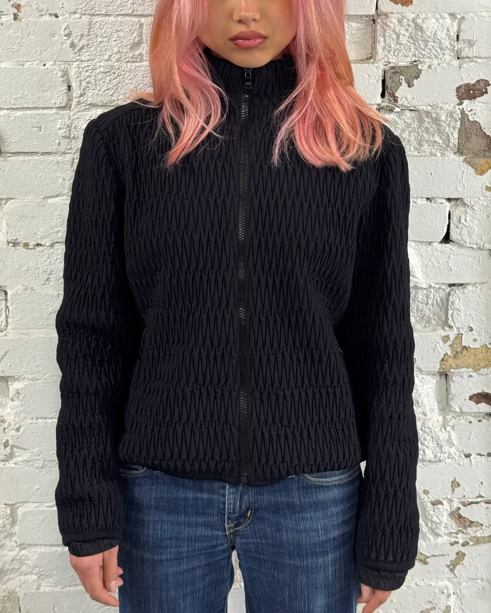AW2011 Prada Black Pleated Texture Zip-up Jacket - Image 2