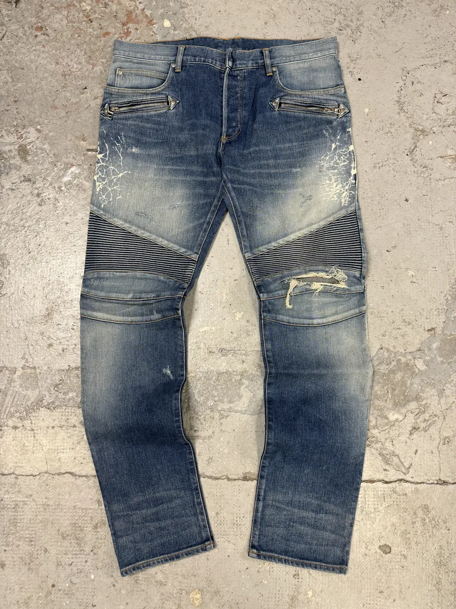 AW2012 Balmain Avant-Garde Blue Biker Denim Jeans