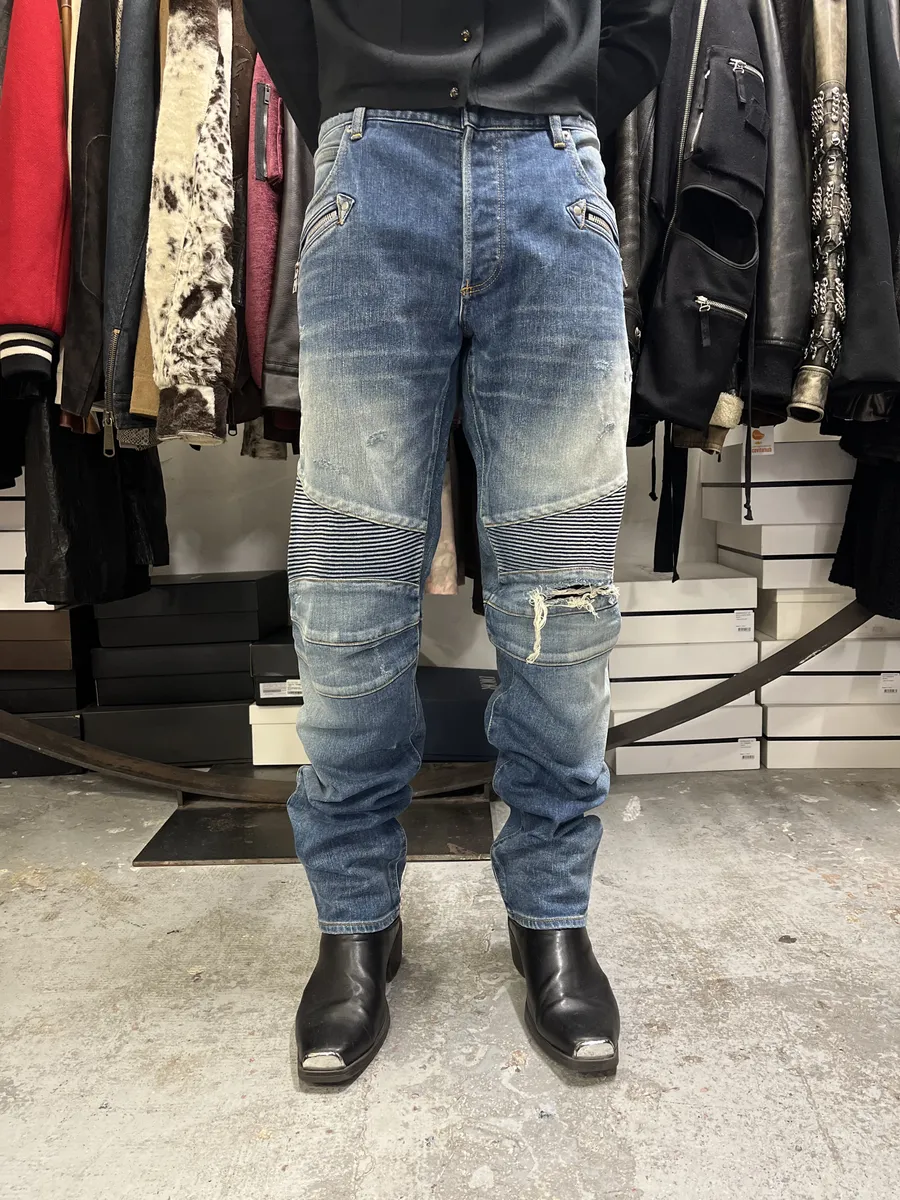 AW2012 Balmain Avant-Garde Blue Biker Denim Jeans - Image 2