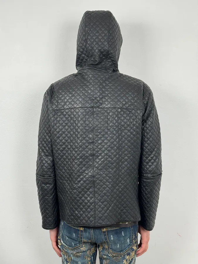 AW2012 Emporio Armani Black Leather Hooded Quilted Jacket - Image 3