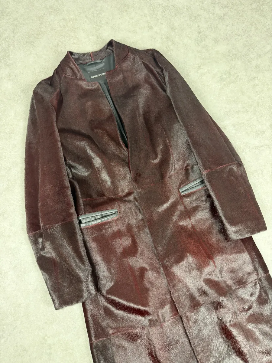 AW2012 Emporio Armani Red Bordeaux Pony Hair Leather Trench Coat - Image 6