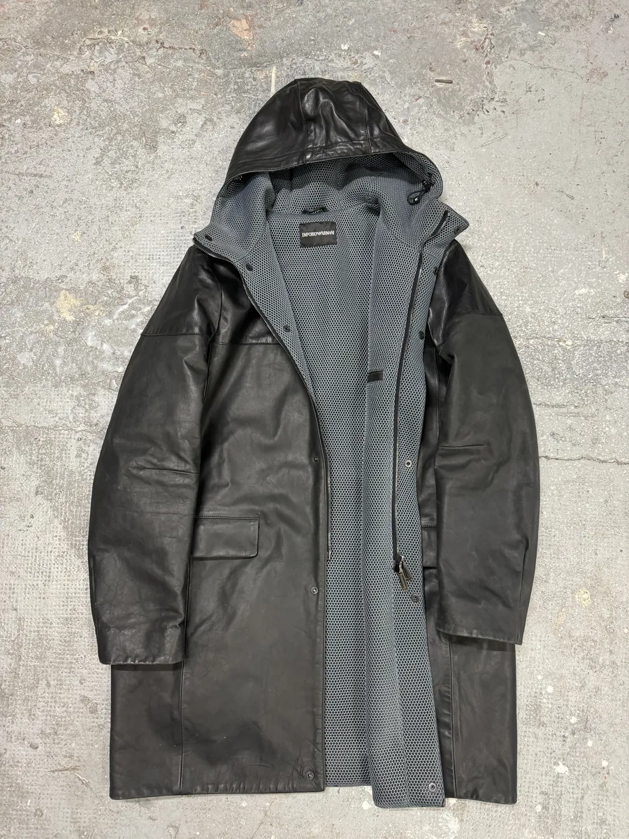 AW2012 Emporio Armani Tactical Black Leather Hooded Jacket - Image 4