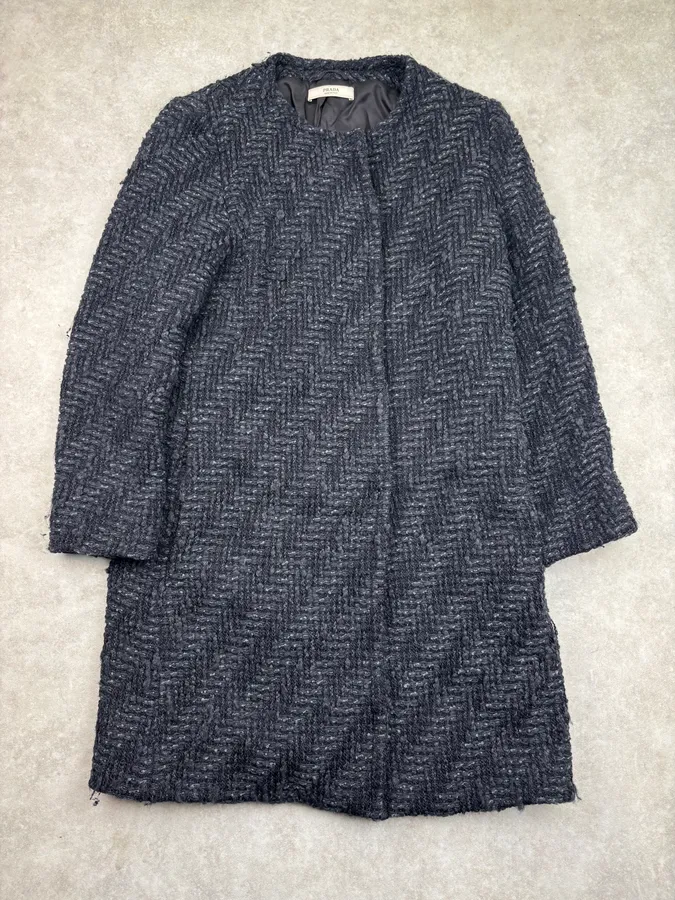 AW2012 Prada Wool Herringbone Navy Buttoned Long Coat