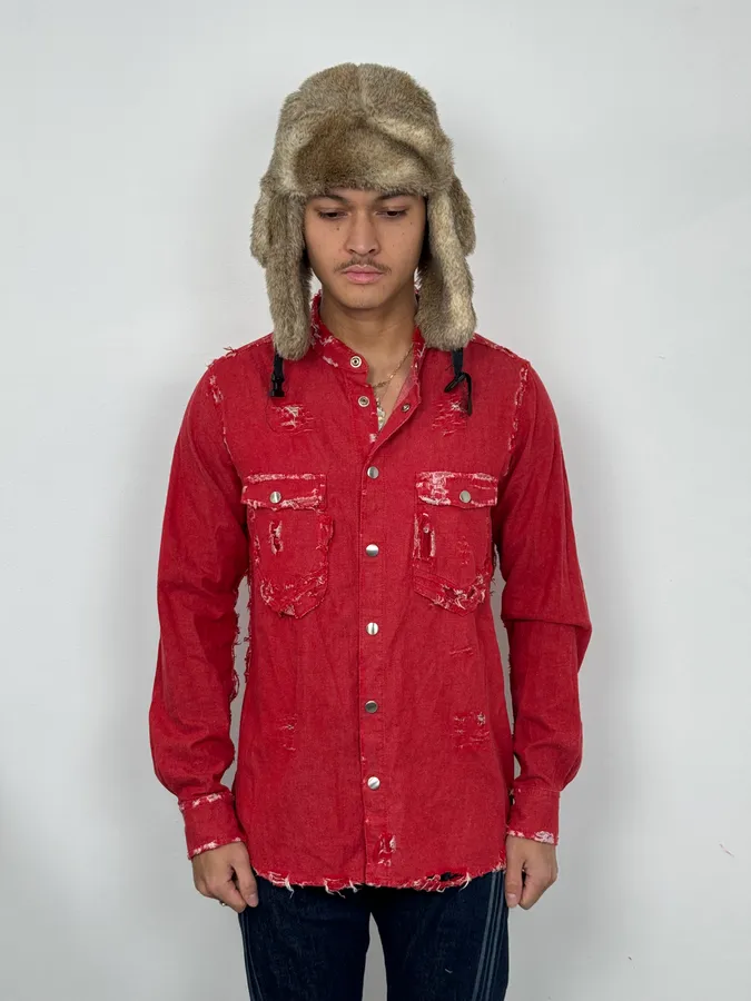 AW2013 Balmain Destroyed Red Heavy Shirt - Image 2