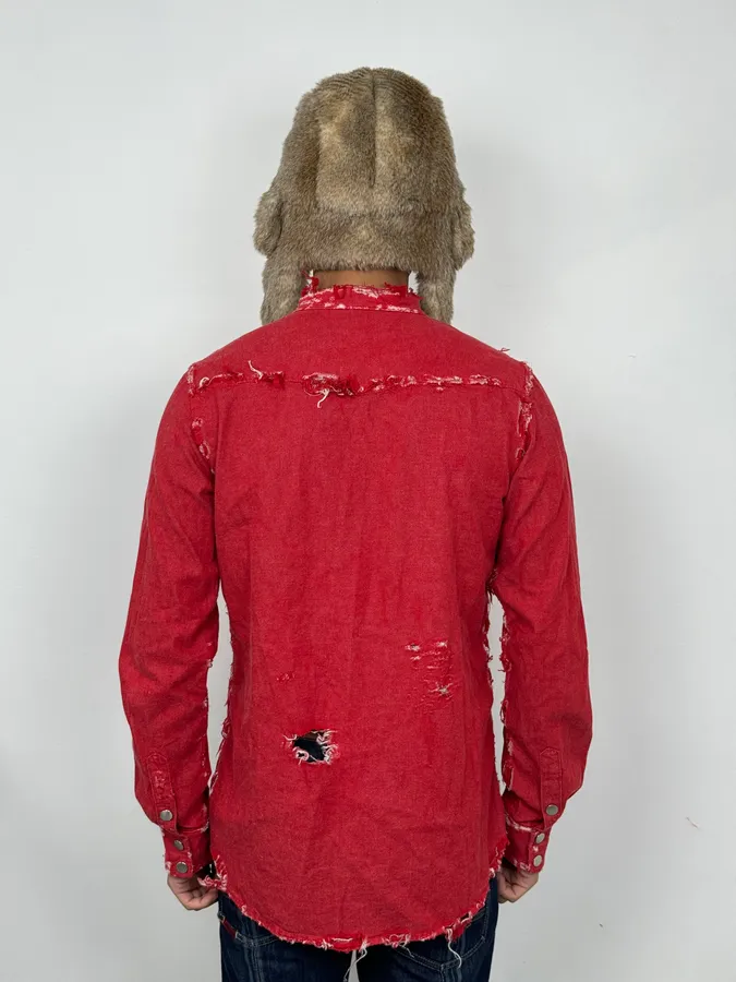 AW2013 Balmain Destroyed Red Heavy Shirt - Image 3