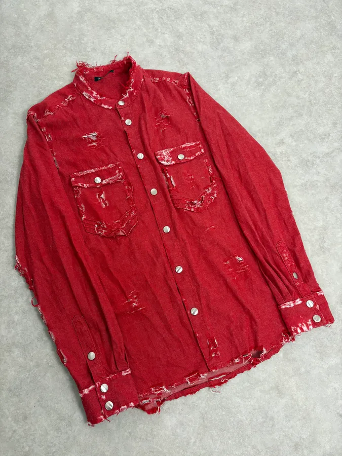AW2013 Balmain Destroyed Red Heavy Shirt - Image 4