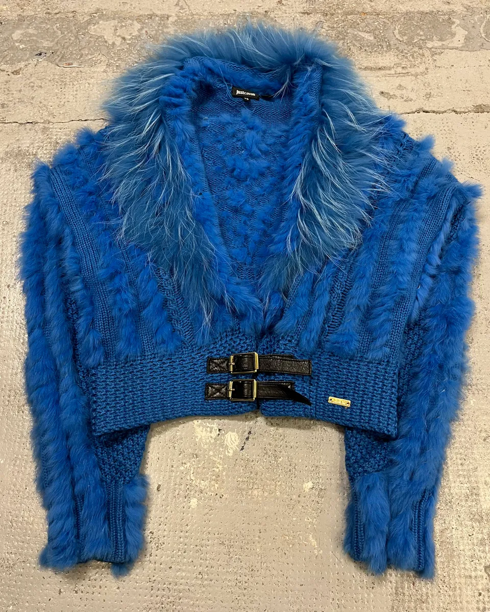 AW2013 Cavalli Blue Knit Faux Fur Collar Cardigan - Image 4