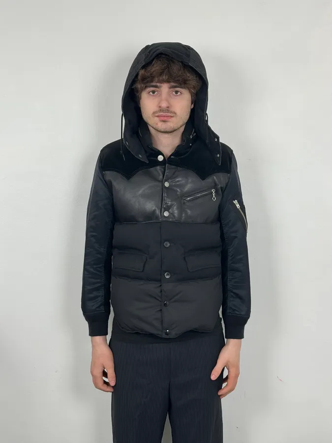 AW2013 Comme des Garçons Ganryu Black Leather Hooded Puffer Nylon Jacket - Image 4