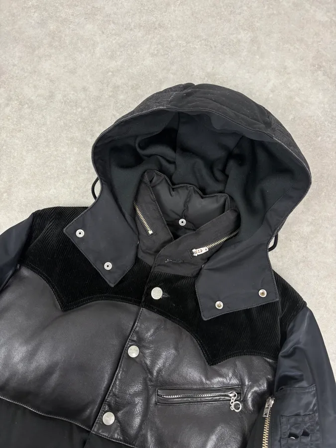 AW2013 Comme des Garçons Ganryu Black Leather Hooded Puffer Nylon Jacket - Image 7