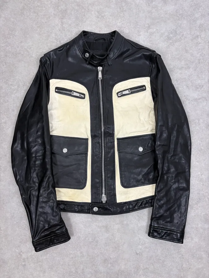 AW2013 Dsquared2 Black & Beige Biker Leather Jacket