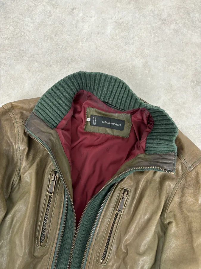 AW2013 Dsquared2 Khaki Biker Layered Double Zip Leather Jacket - Image 6