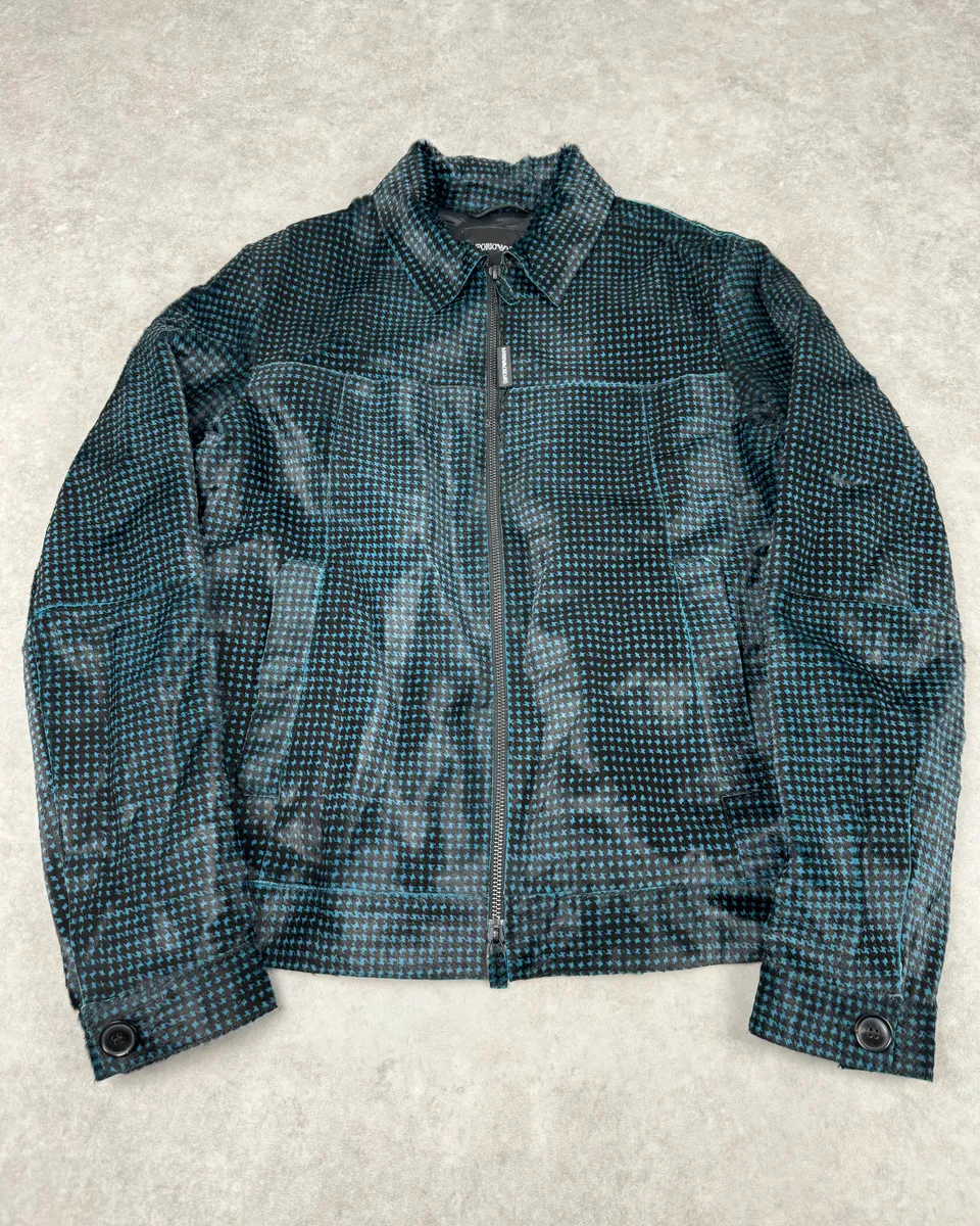 AW2013 Emporio Armani Pony Hair Blue & Black Leather Jacket