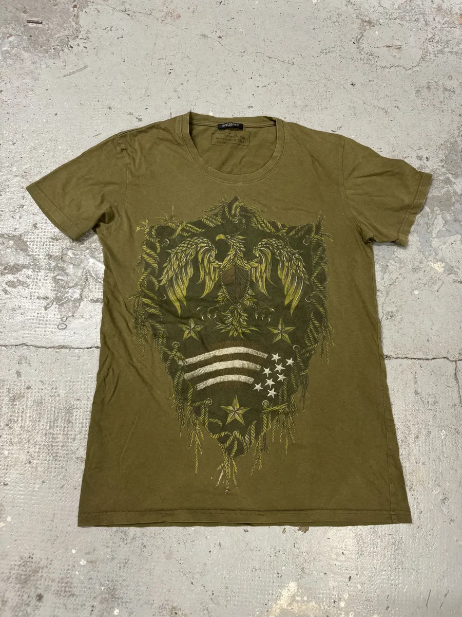 AW2014 Balmain Olive Green Eagle Dynastic T-Shirt