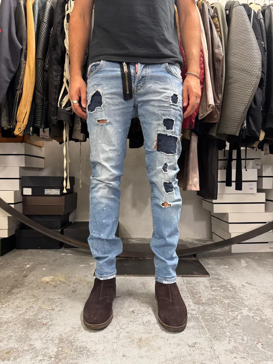 AW2014 DSquared2 Blue Distressed Patchwork Slim Denim Jeans