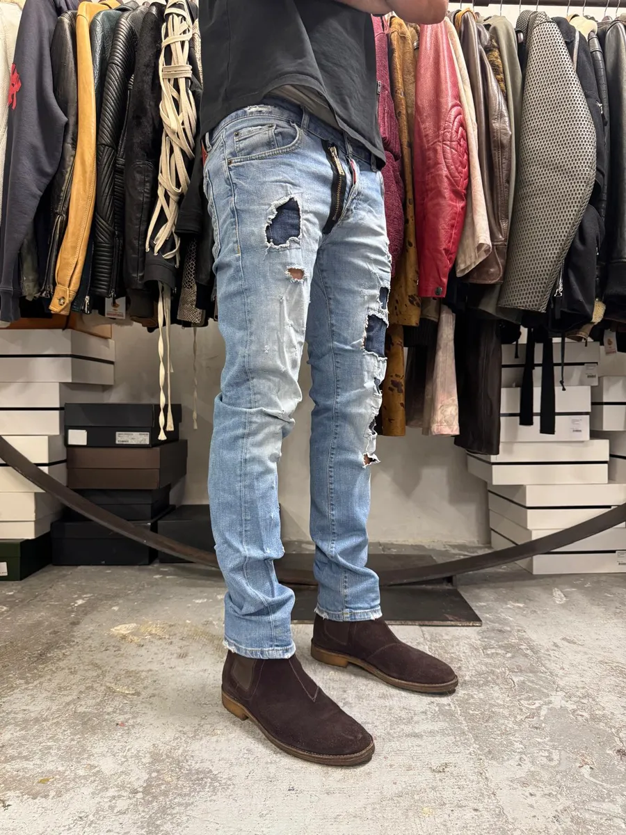 AW2014 DSquared2 Blue Distressed Patchwork Slim Denim Jeans - Image 2