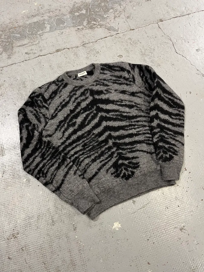 AW2014 Saint Laurent Tiger Stripes Grey Mohair Sweater - Image 4
