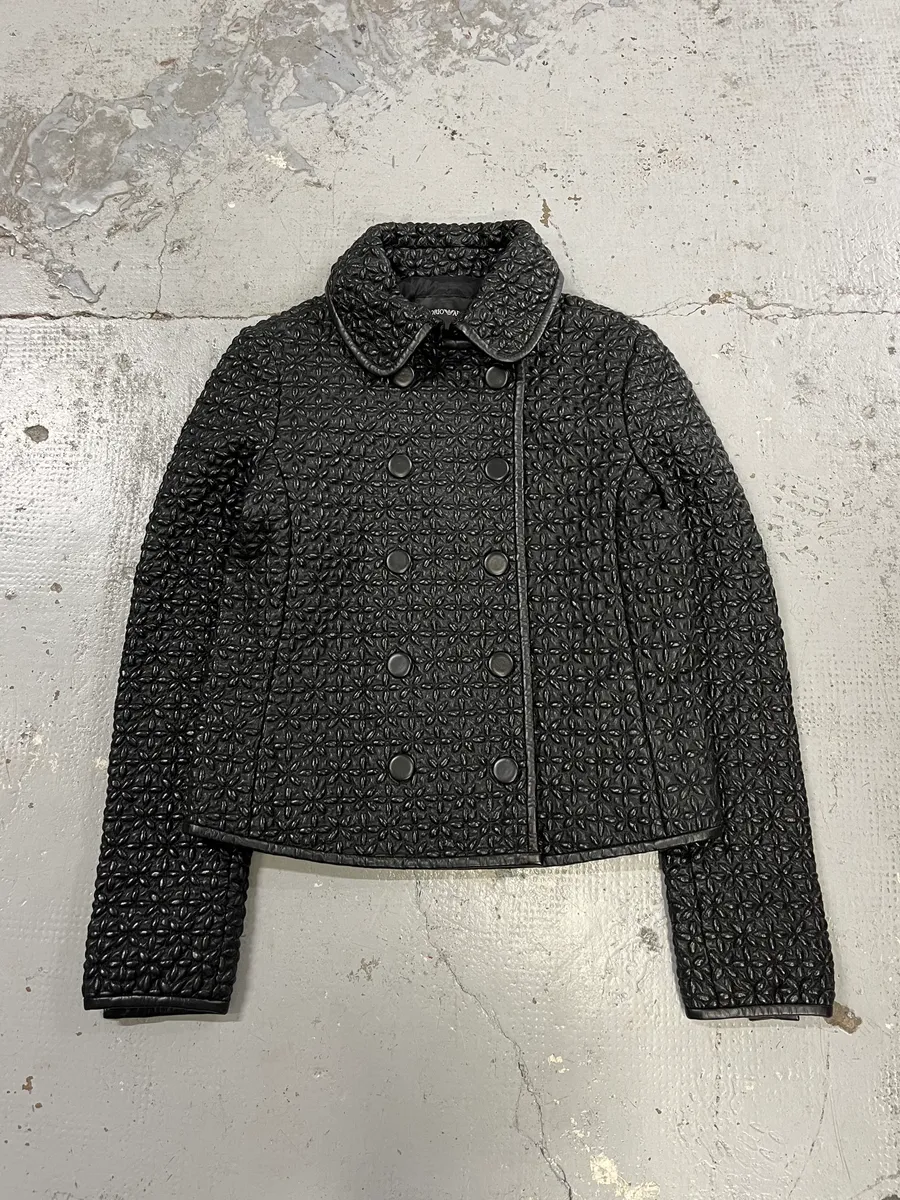 AW2015 Emporio Armani Officer Embossed Flowers Black Leather Jacket