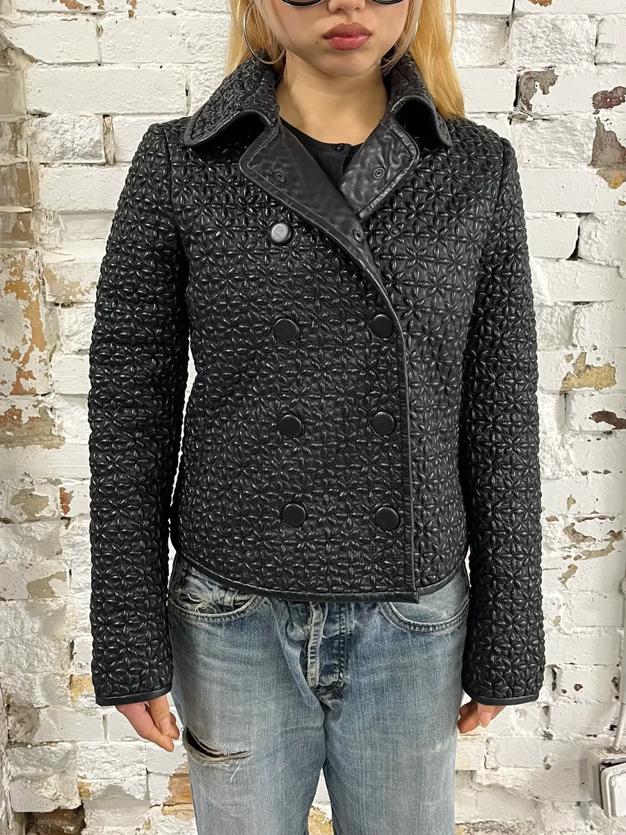 AW2015 Emporio Armani Officer Embossed Flowers Black Leather Jacket - Image 2