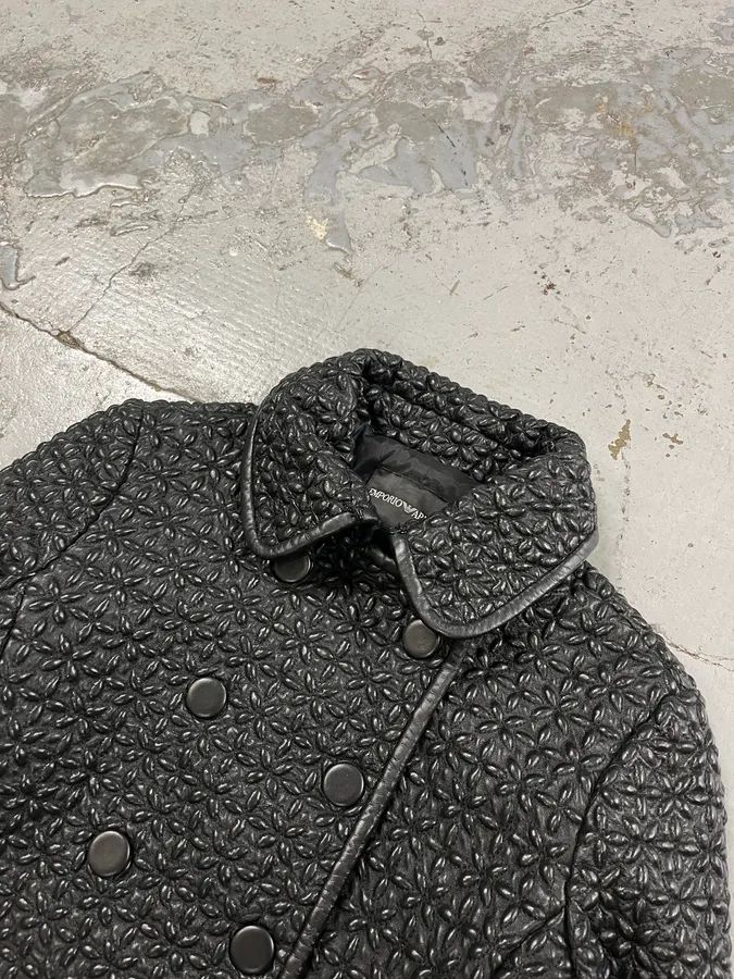 AW2015 Emporio Armani Officer Embossed Flowers Black Leather Jacket - Image 5