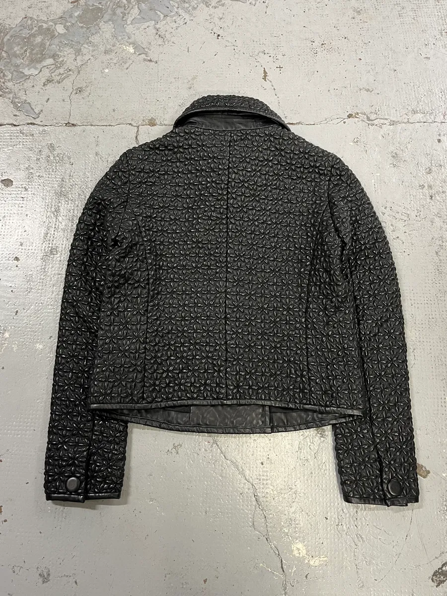 AW2015 Emporio Armani Officer Embossed Flowers Black Leather Jacket - Image 7