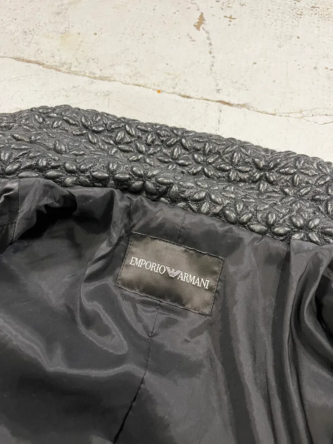 AW2015 Emporio Armani Officer Embossed Flowers Black Leather Jacket - Image 9