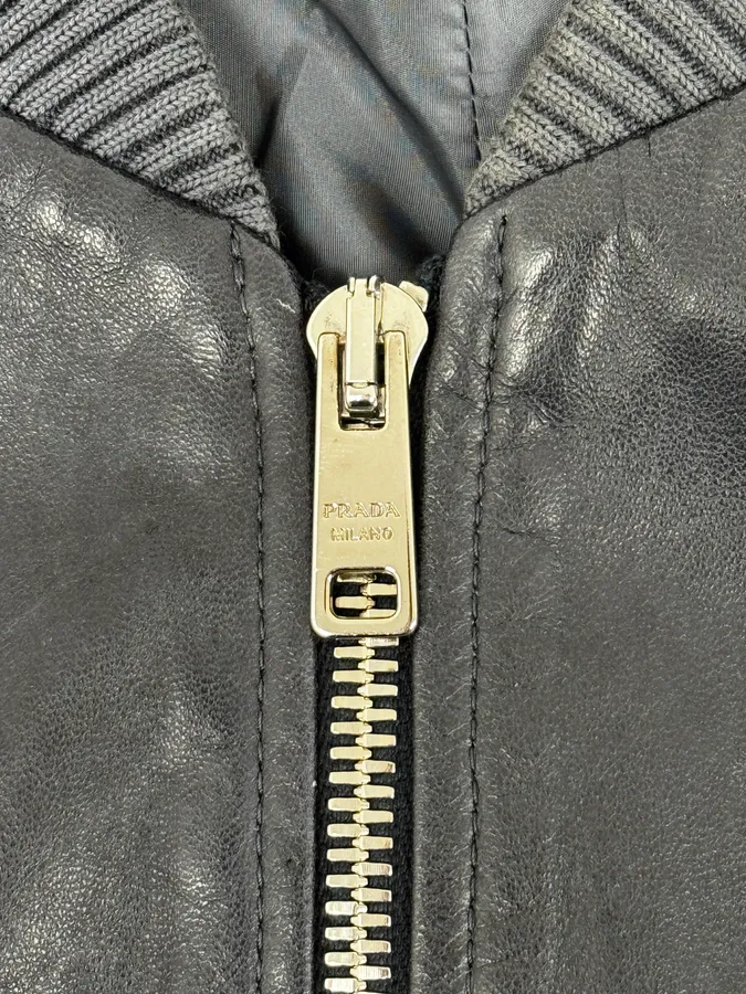 AW2015 Prada Navy Leather Bomber Jacket - Image 8