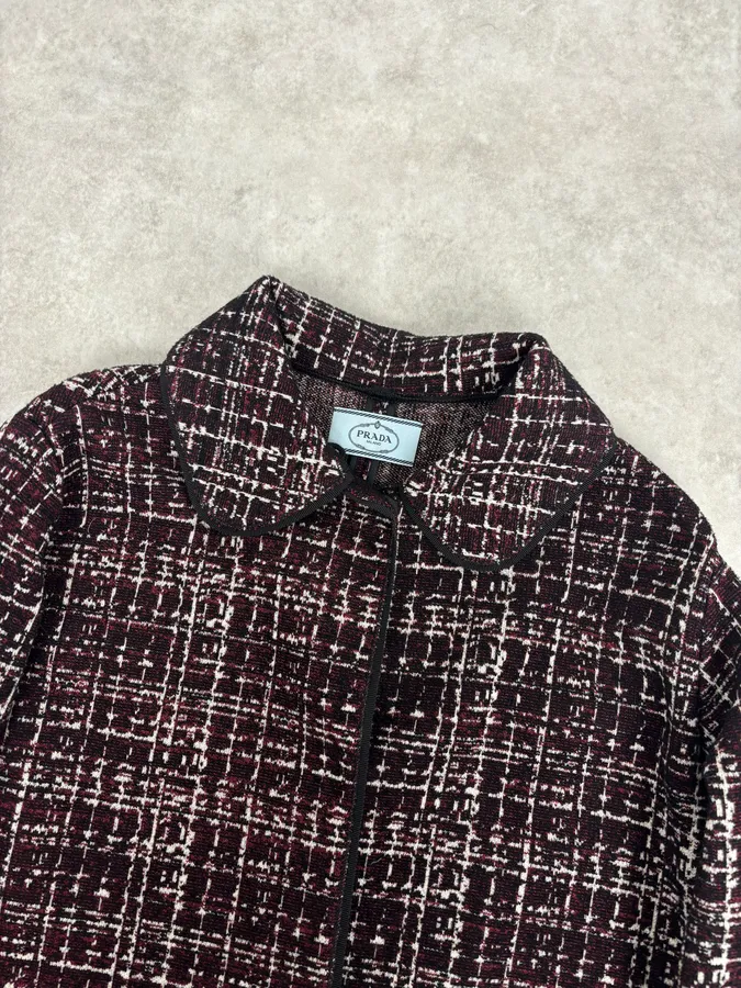 AW2015 Prada Textured Black & Bordeaux Tweed Long Coat - Image 4