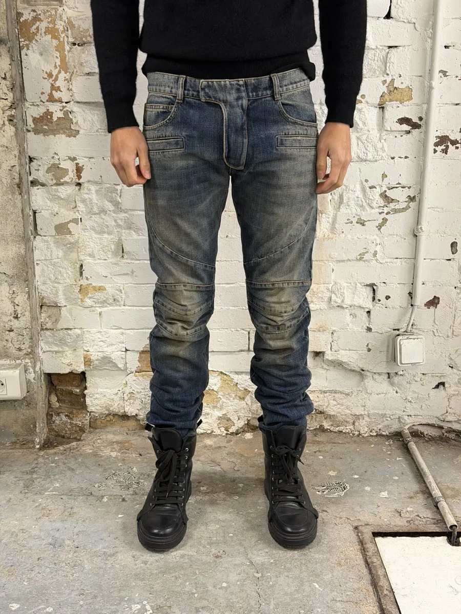 AW2016 Balmain Biker Blue Faded Denim Slim Jeans