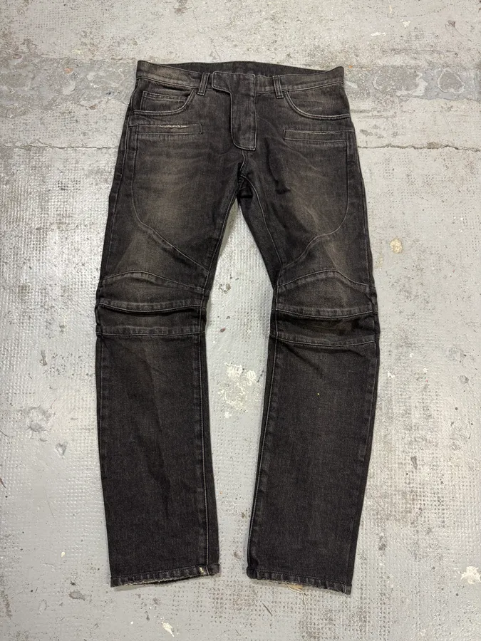 AW2016 Balmain Dark Grey Avant-Garde Biker Denim Jeans