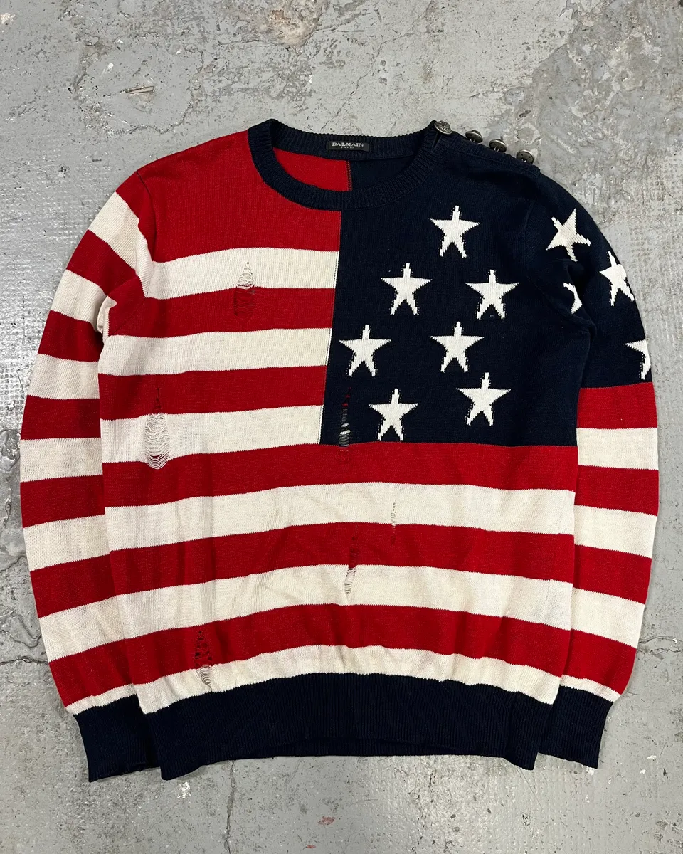 AW2016 Balmain Distressed American Flag Wool Sweater