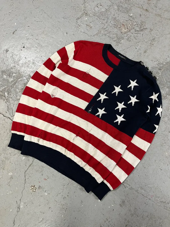 AW2016 Balmain Distressed American Flag Wool Sweater - Image 6