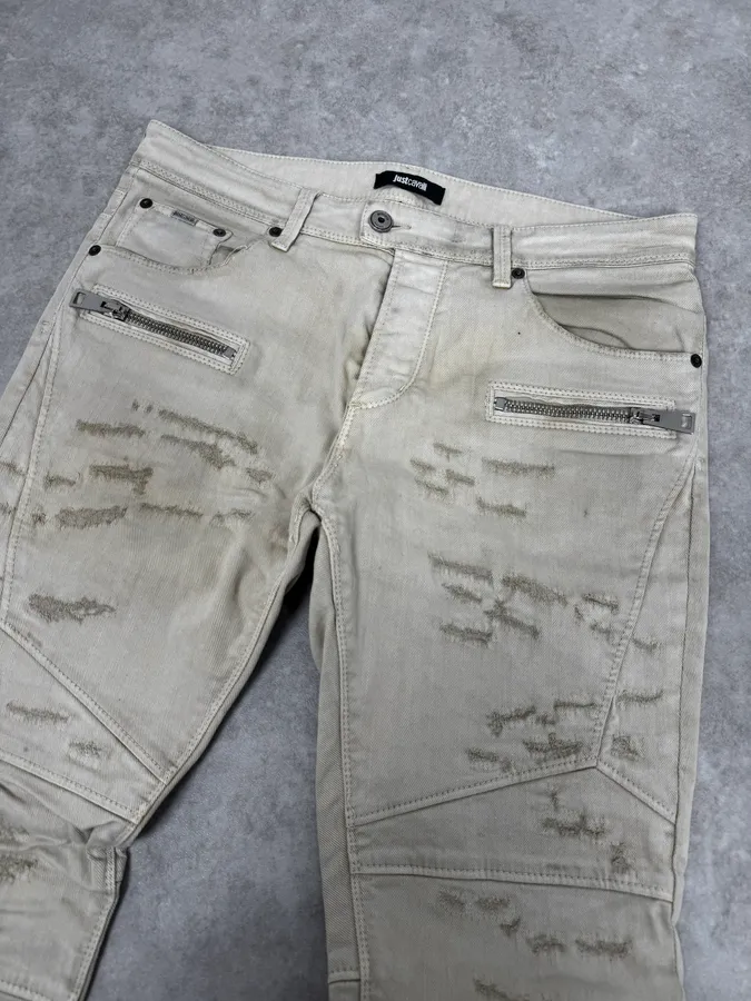 AW2016 Cavalli Beige Slim Distressed Pants - Image 6