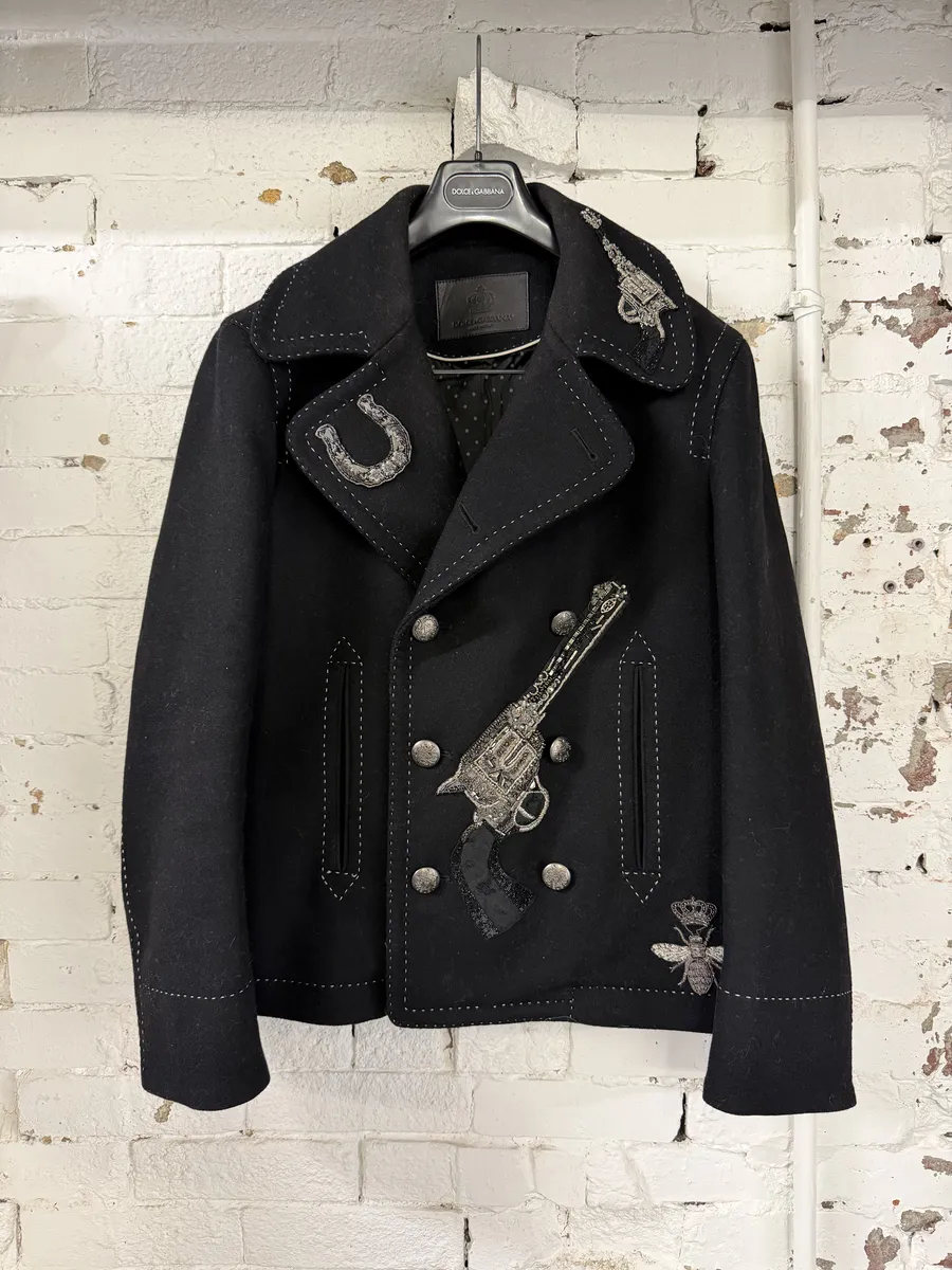AW2016 Dolce & Gabbana Black Wool Gun-Embroidered Coat