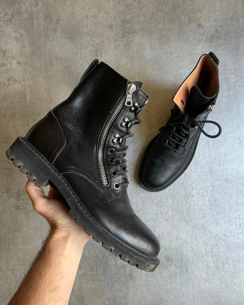 AW2016 Dries Van Noten Combat Size Zip Black Leather Boots