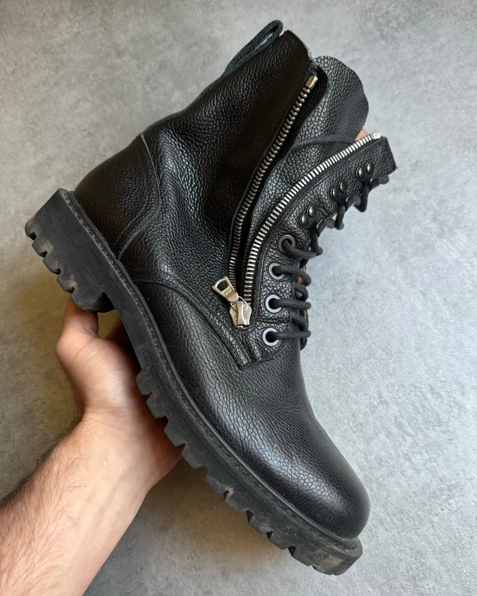 AW2016 Dries Van Noten Combat Size Zip Black Leather Boots - Image 2