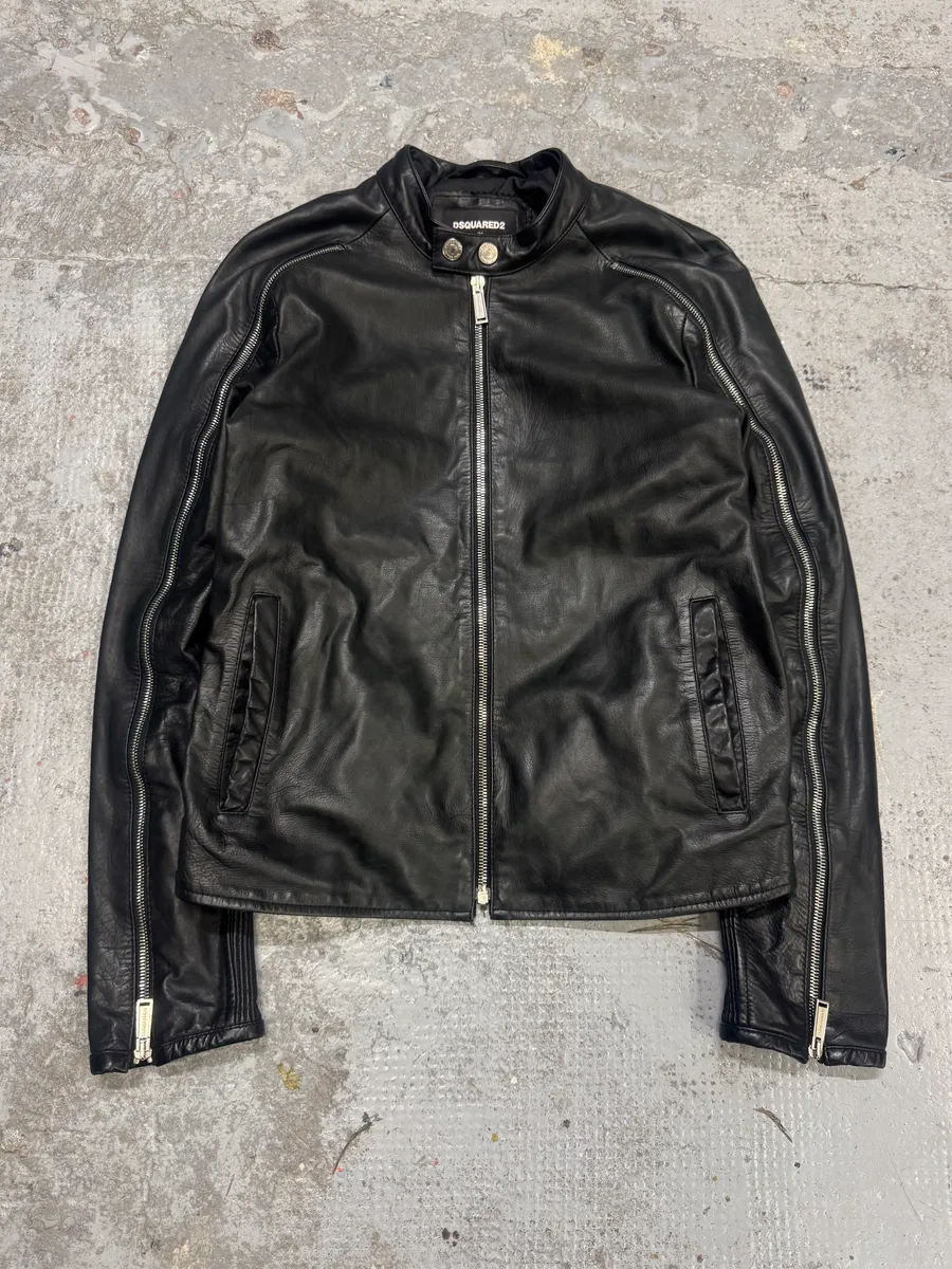 AW2016 Dsquared2 Black Leather Arm Zips Biker Jacket