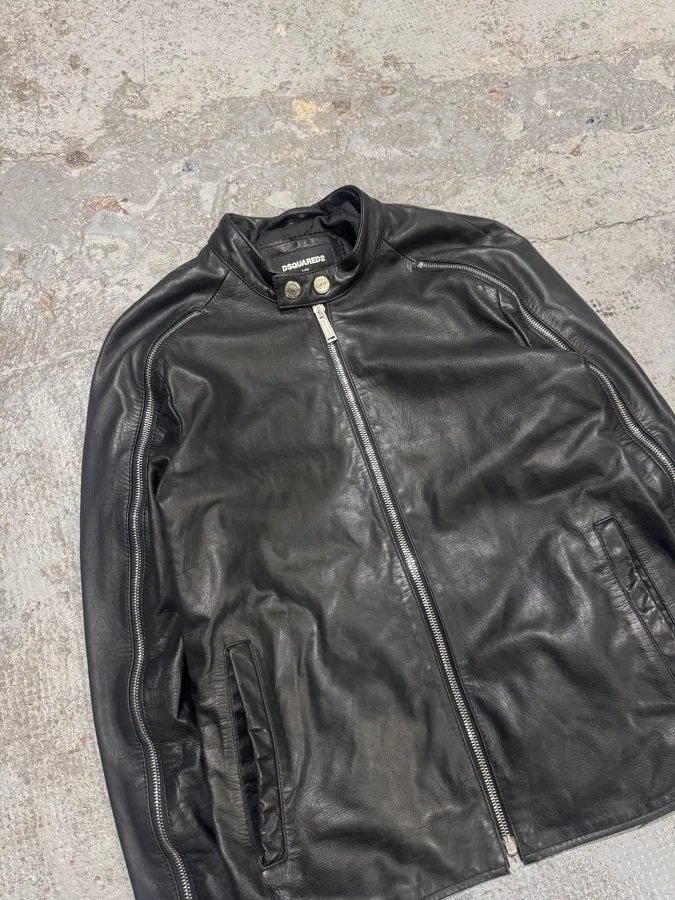 AW2016 Dsquared2 Black Leather Arm Zips Biker Jacket - Image 4