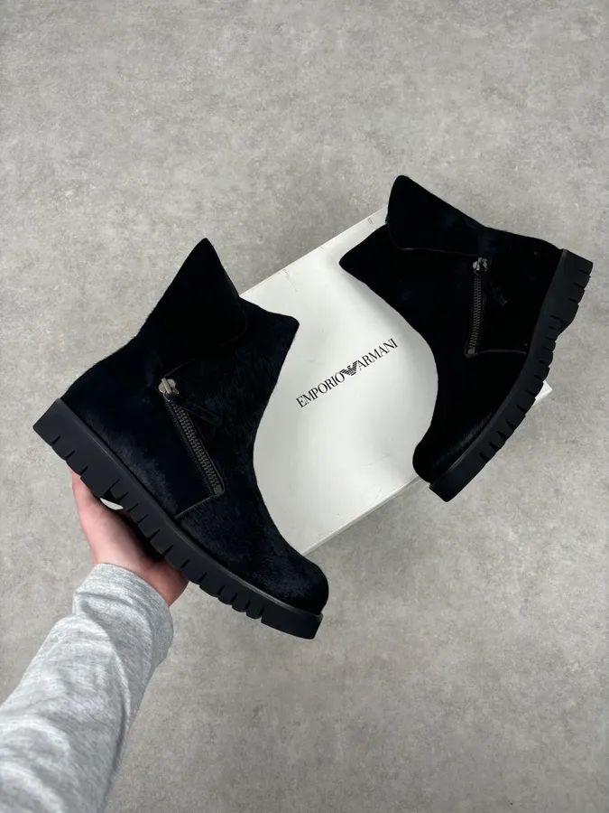 AW2016 Emporio Armani Black Calfskin Pony-Hair Boots