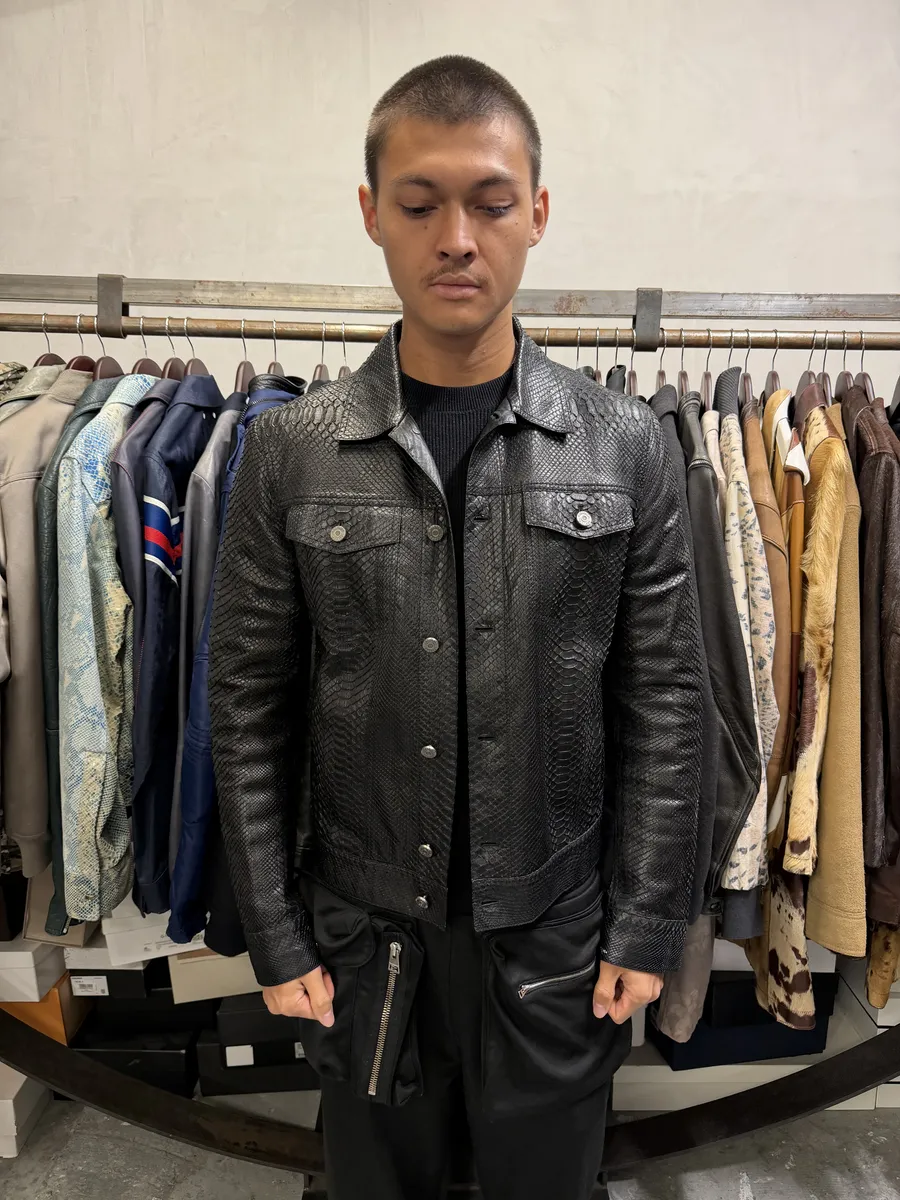 AW2016 Roberto Cavalli Black Python Leather Trucker Jacket - Image 3