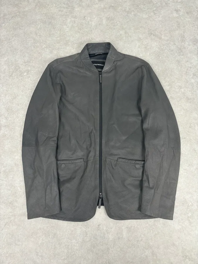 AW2017 Emporio Armani Grey Leather Perforated Bomber Jacket