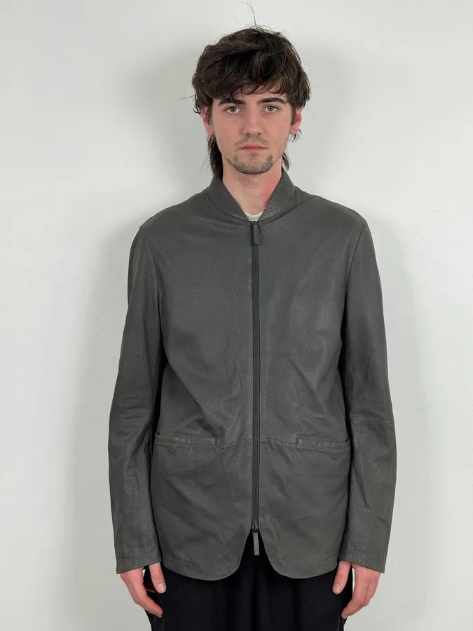 AW2017 Emporio Armani Grey Leather Perforated Bomber Jacket - Image 2