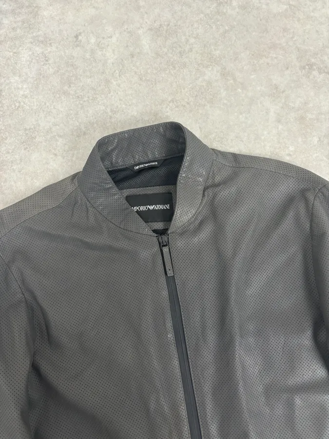 AW2017 Emporio Armani Grey Leather Perforated Bomber Jacket - Image 4