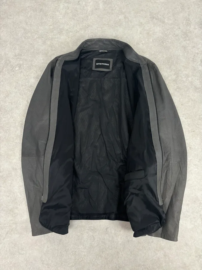 AW2017 Emporio Armani Grey Leather Perforated Bomber Jacket - Image 7